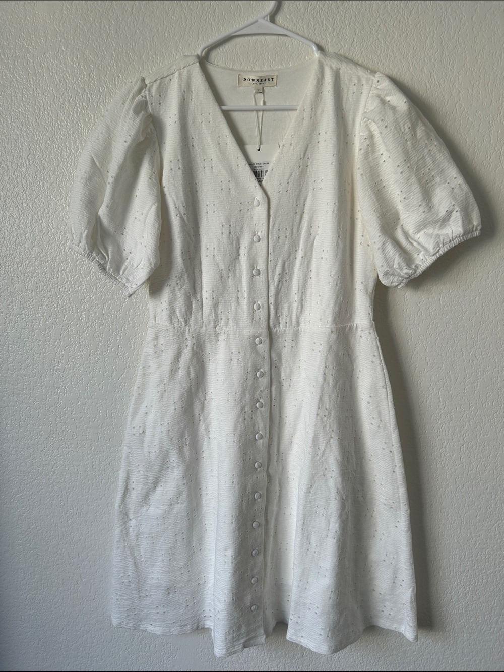 DownEast White Eyelet Button-Front Puff Sleeve Mini Dress